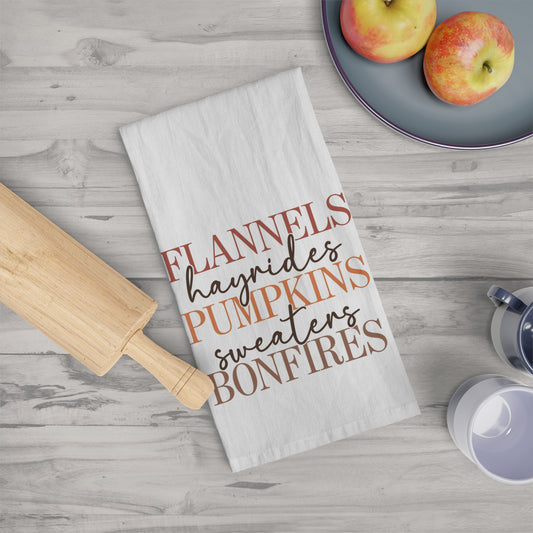 Flannels, Pumpkins, and Bonfires Tea Towel